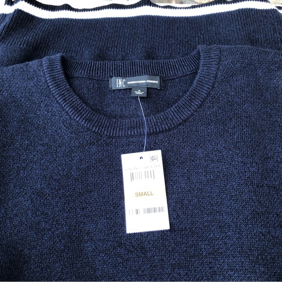 I-N-C 💯 % Cotton Mens Striped Navy White Crew Neck Pullover Sweater S - Picture 10 of 11